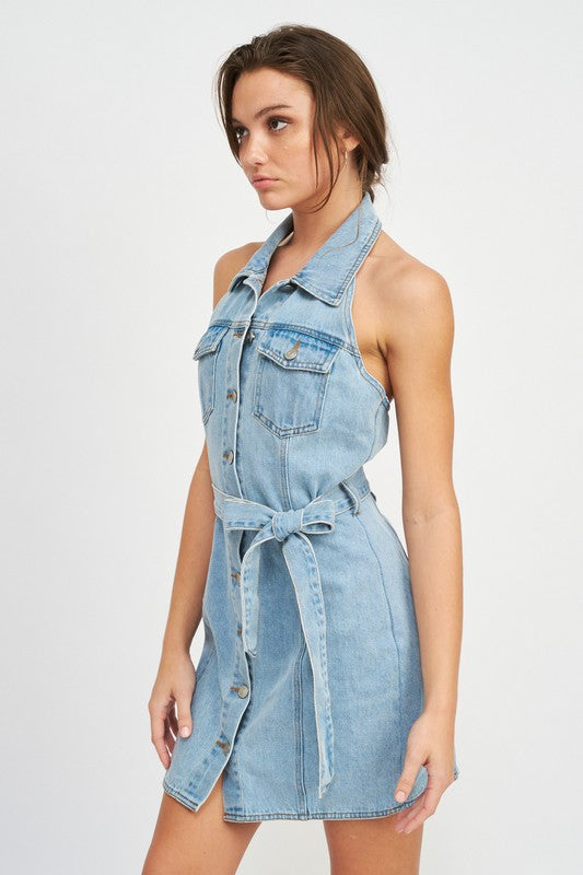 BUTTON DOWN DENIM MINI DRESS WITH BELT Mini Dresses