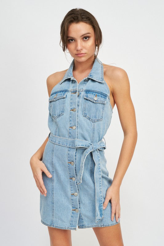 BUTTON DOWN DENIM MINI DRESS WITH BELT DENIM Mini Dresses