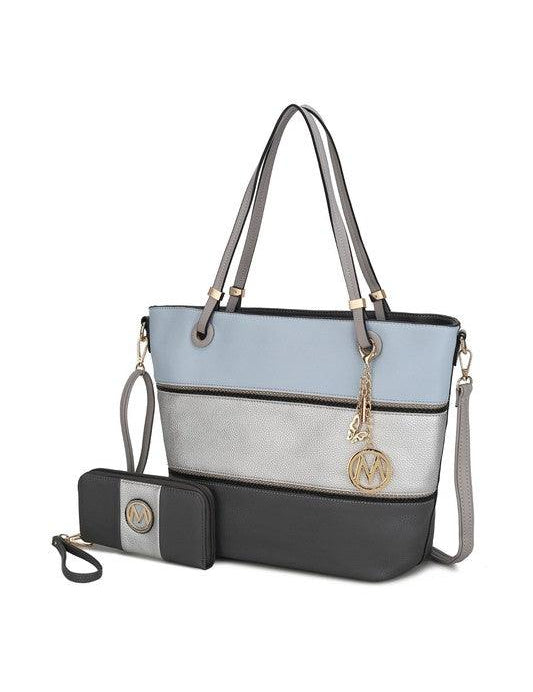 Mia K Vallie Color Block Tote bag Charcoal-Pewter-Denim One Size Handbags