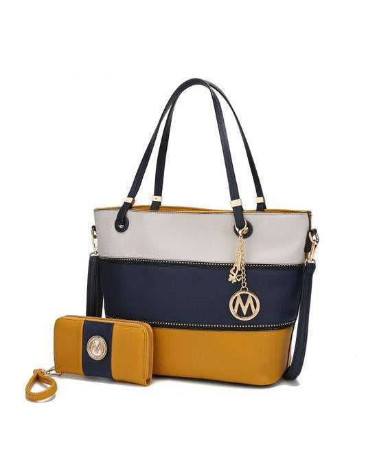 Mia K Vallie Color Block Tote bag Mustard-Navy-Ivory One Size Handbags