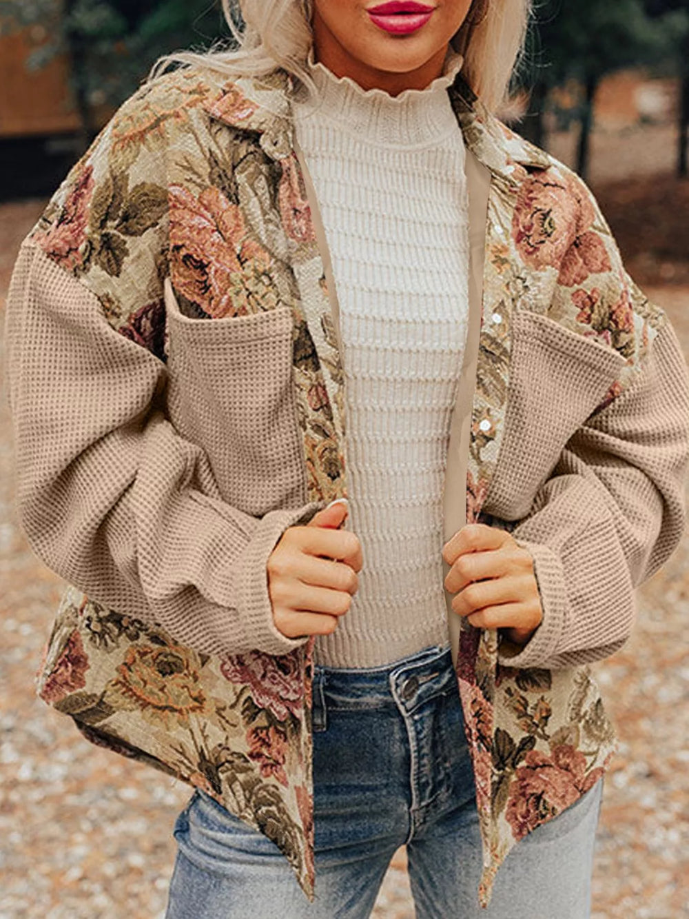 Tan Floral Waffle Knit Patchwork Chest Pockets Buttoned Jacket | Jackets Daverri Fashions