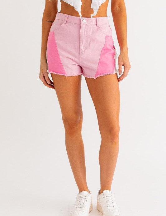 Pink Color Block Shorts PINK-WHITE Shorts