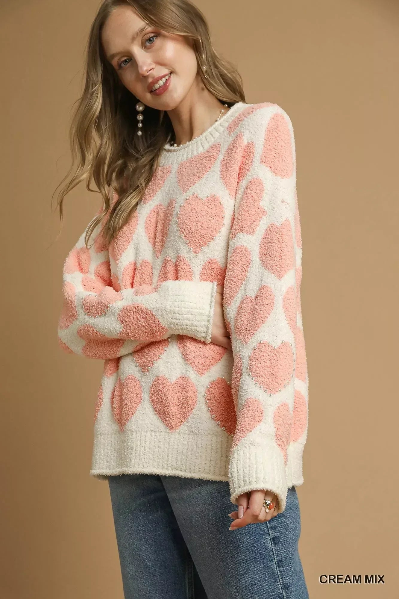 Umgee Mix Heart Pattern Pearl Accent Sweater - DAVERRI FASHIONS