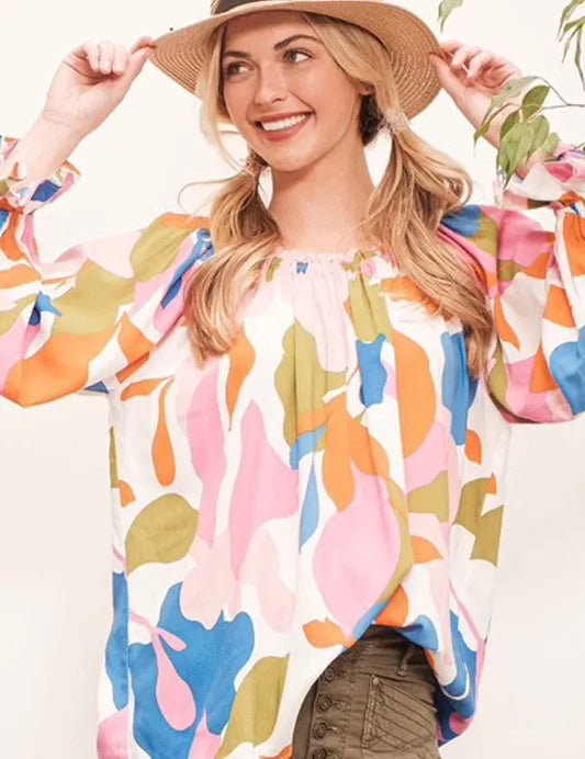 PINK MULTI Lime 'N' Chili Abstract Print Off-the-shoulder Long Sleeve Top | Tops Daverri Fashions