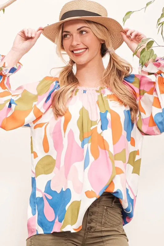 PINK MULTI Lime 'N' Chili Abstract Print Off-the-shoulder Long Sleeve Top | Tops Daverri Fashions