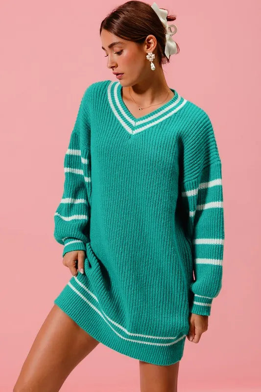 SO ME Loose V Neck Sweater Dress with Striped Sleeves JADE
