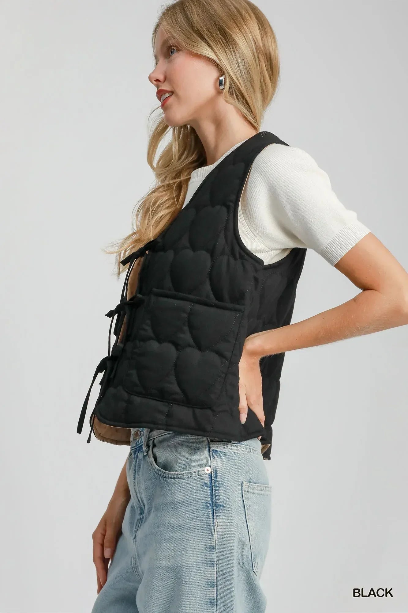 Umgee Heart Quilted Tie-Front Vest - DAVERRI FASHIONS