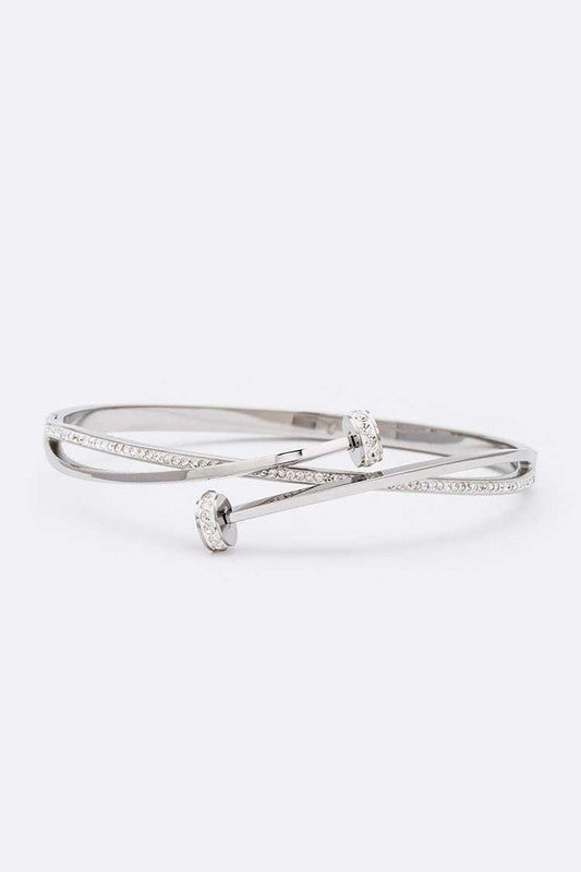 Crystal Pave Nail Stainless Steel Bangle Rhodium O S Bracelets