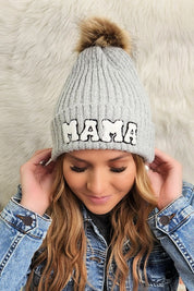 Chenille Mama Patch Faux Fur Pom Beanie Cap | Daverri Fashions