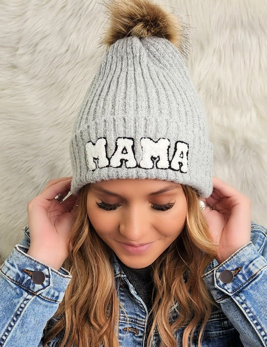 Chenille Mama Patch Faux Fur Pom Beanie Cap | Daverri Fashions