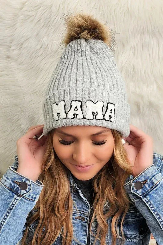 Chenille Mama Patch Faux Fur Pom Beanie Cap - DAVERRI FASHIONS