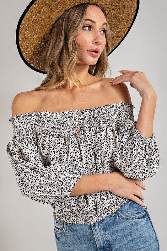 Animal Print Smocked Off the Shoulder Top Shirts & Tops