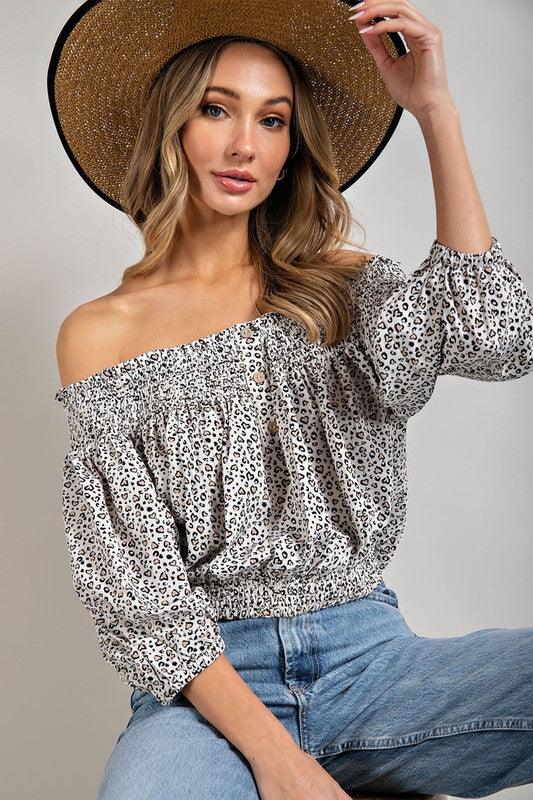 Animal Print Smocked Off the Shoulder Top Shirts & Tops