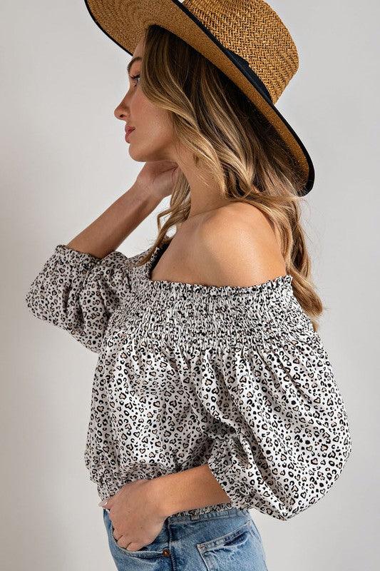 Animal Print Smocked Off the Shoulder Top Shirts & Tops