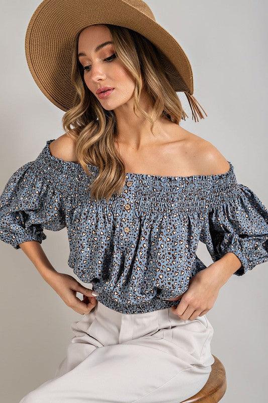 Animal Print Smocked Off the Shoulder Top Shirts & Tops