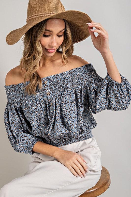 Animal Print Smocked Off the Shoulder Top Shirts & Tops