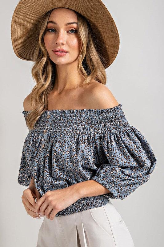 Animal Print Smocked Off the Shoulder Top Shirts & Tops