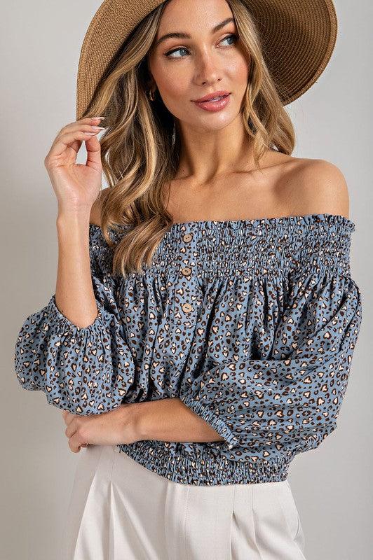 Animal Print Smocked Off the Shoulder Top Shirts & Tops