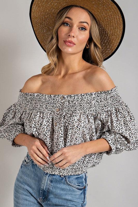 Animal Print Smocked Off the Shoulder Top Shirts & Tops