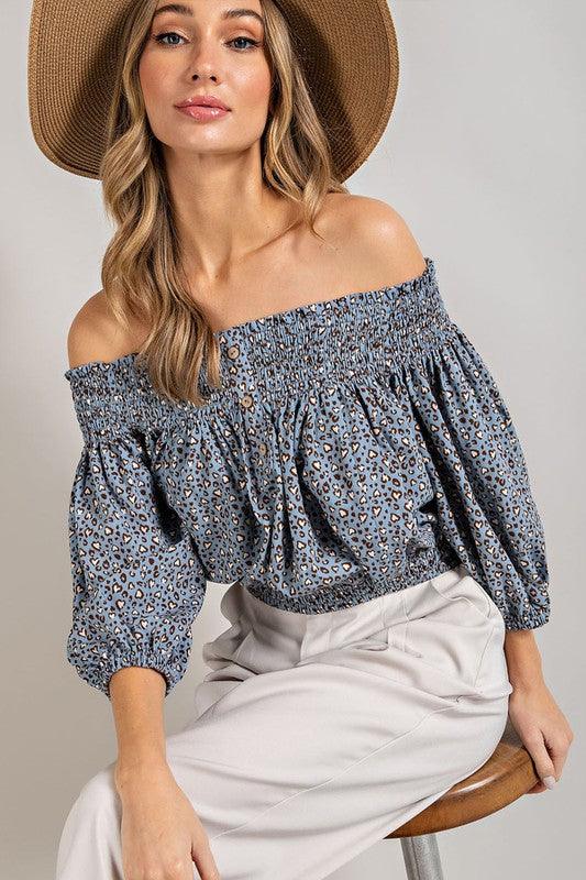 Animal Print Smocked Off the Shoulder Top BLUE Shirts & Tops