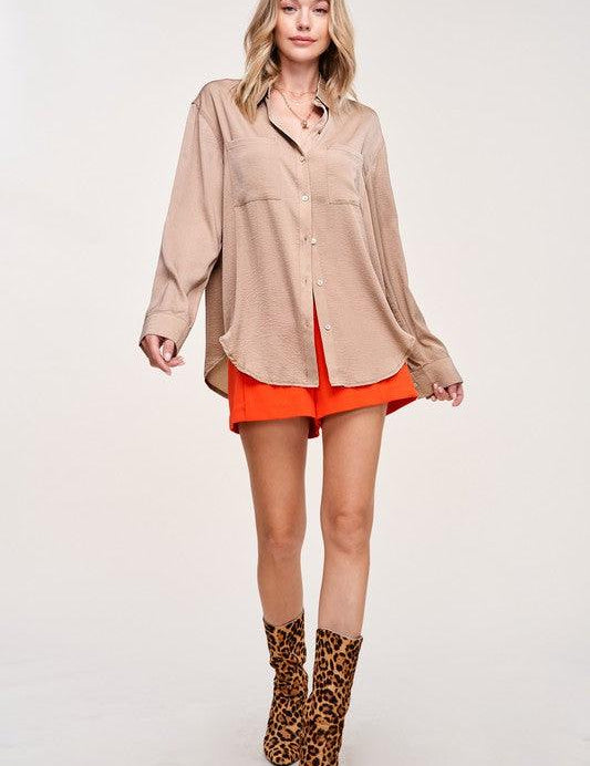 Silky Button-Down Shirt KHAKI Shirts & Tops