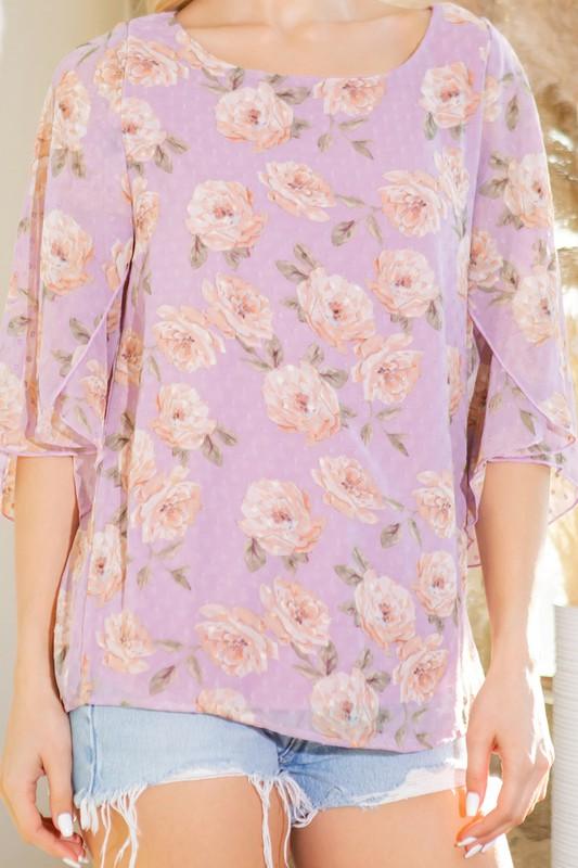 Swiss Dot Floral Print Split Sleeve Blouse Shirts & Tops