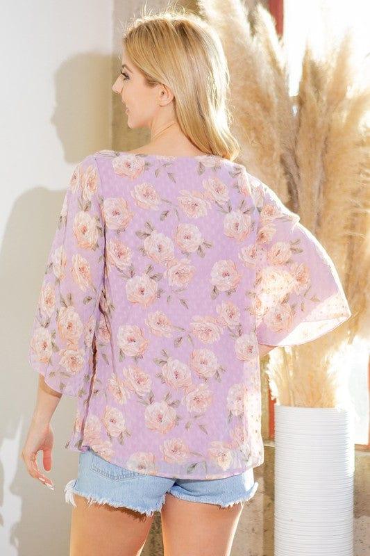 Swiss Dot Floral Print Split Sleeve Blouse Shirts & Tops