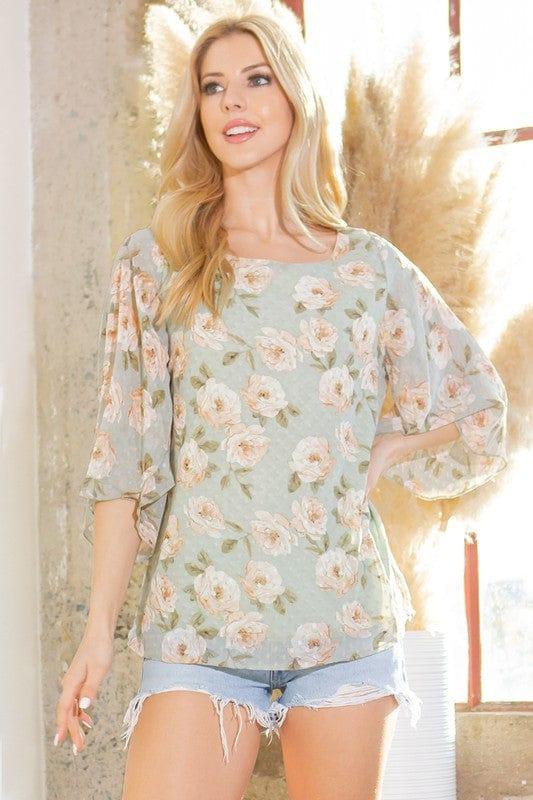 Swiss Dot Floral Print Split Sleeve Blouse Shirts & Tops