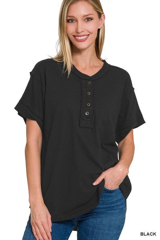 Raw Edge Detailed Button Closure Short Sleeve Top Shirts & Tops