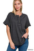 Raw Edge Detailed Button Closure Short Sleeve Top CHARCOAL S Shirts & Tops