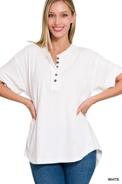 Raw Edge Detailed Button Closure Short Sleeve Top WHITE Shirts & Tops