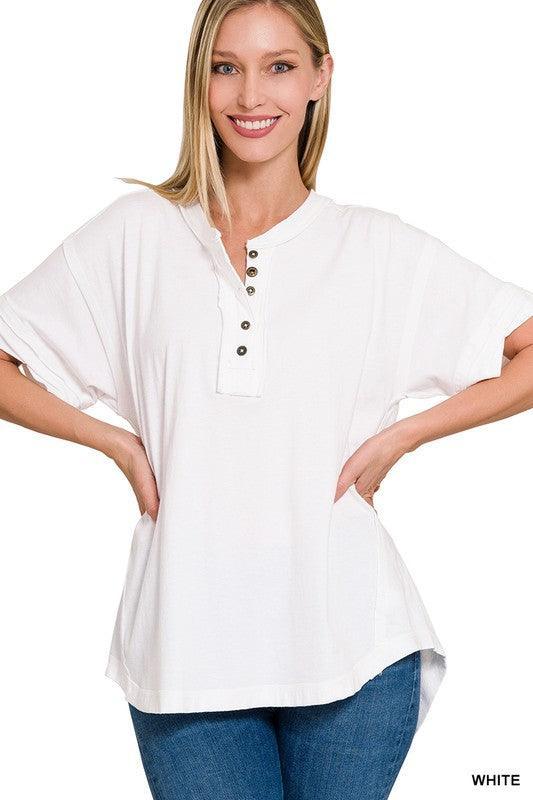 Raw Edge Detailed Button Closure Short Sleeve Top Shirts & Tops