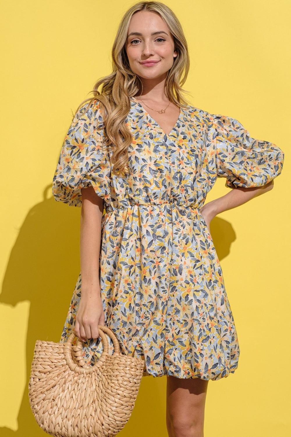 And The Why Full Size Floral Surplice Puff Sleeve Dress | Daverri Fashions