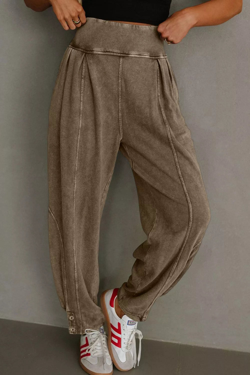 Camel Vintage Wash High-Waisted Balloon Pants | Pants Daverri Fashions