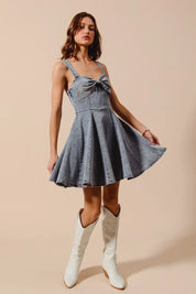 SO ME Mineral Washed Bow Ribbon Denim Flare Dress | Mini Dresses Daverri Fashions