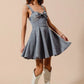SO ME Mineral Washed Bow Ribbon Denim Flare Dress Mini Dresses