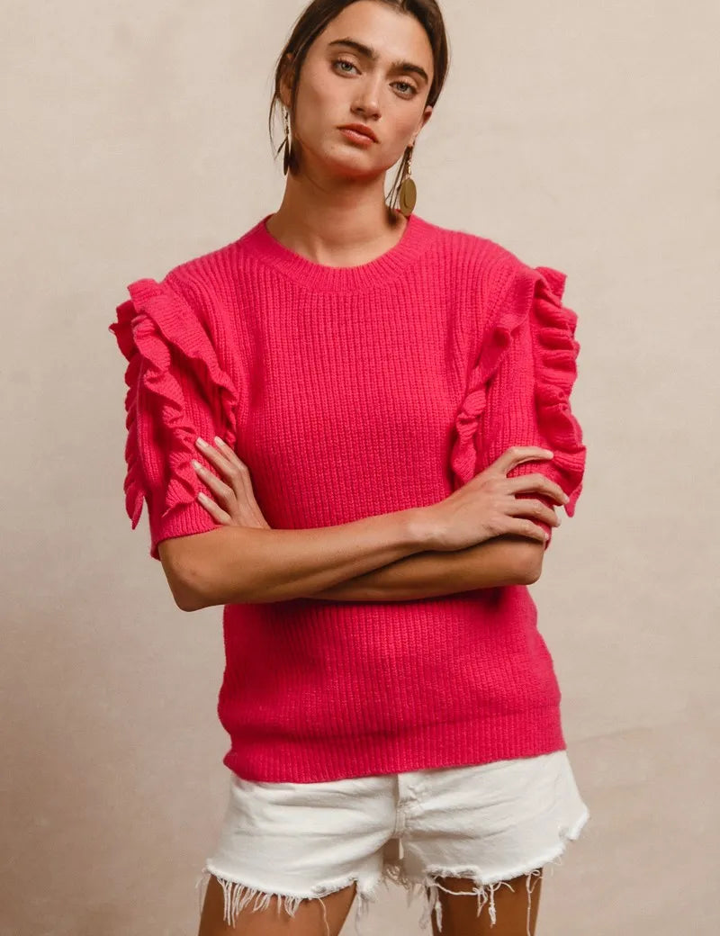 BiBi Ruffle Sleeve Ribbed Sweater | Sweaters Daverri Fashions