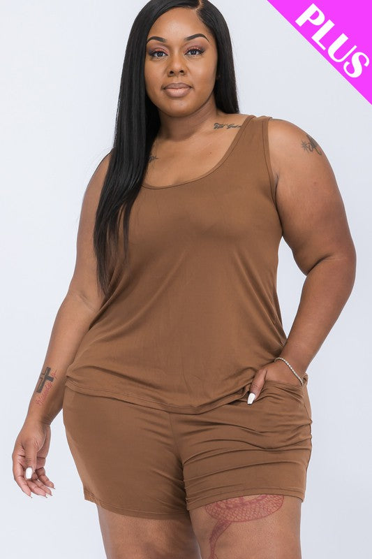 Plus Solid Comfy Tank Top Shorts Set DOWNTOWN BROWN