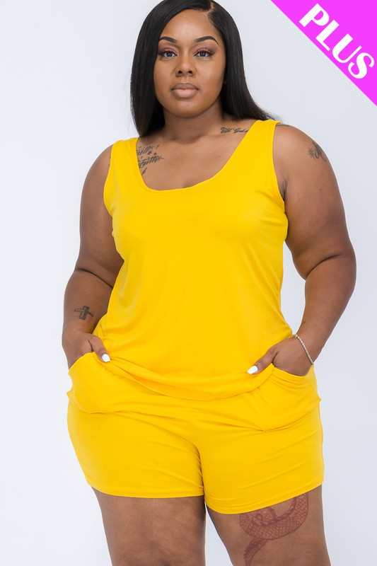 Plus Solid Comfy Tank Top Shorts Set DAYLILY YELLOW