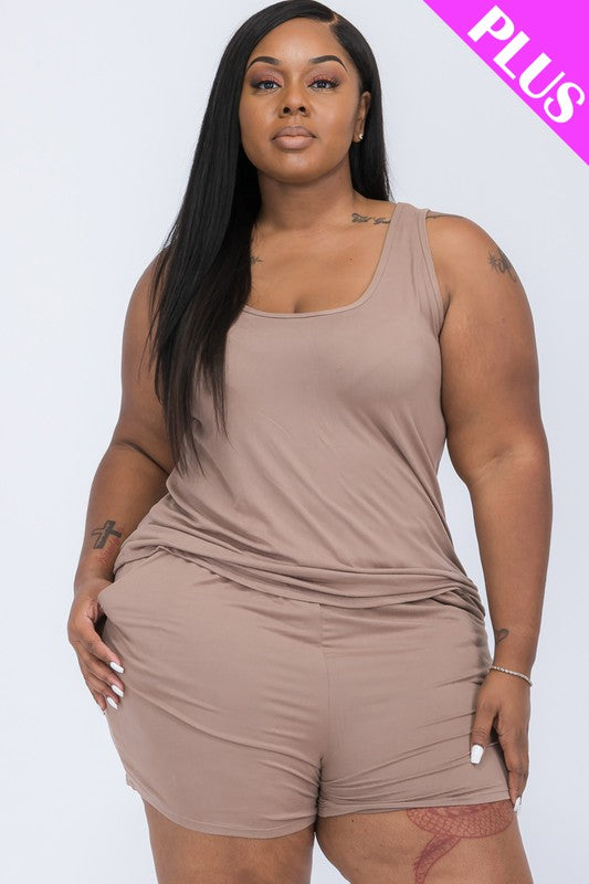 Plus Solid Comfy Tank Top Shorts Set Taupe Grey