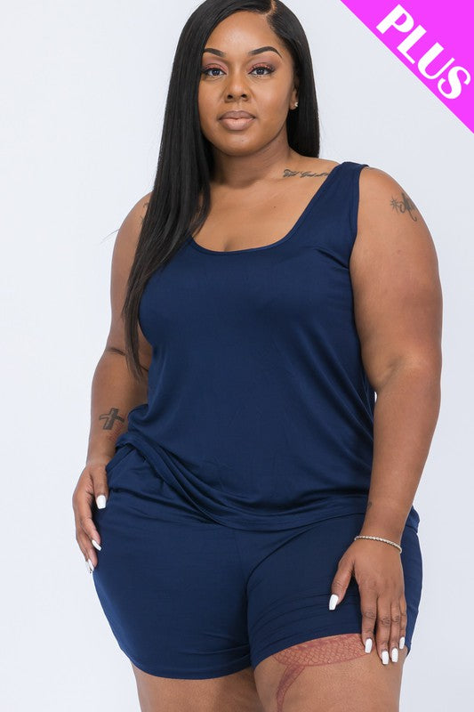 Plus Solid Comfy Tank Top Shorts Set Navy