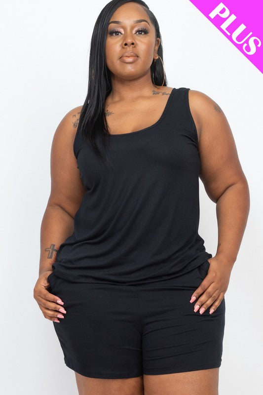 Plus Solid Comfy Tank Top Shorts Set Black