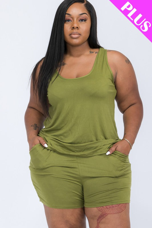 Plus Solid Comfy Tank Top Shorts Set OLIVE BRANCH