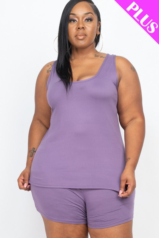 Plus Solid Comfy Tank Top Shorts Set Grape