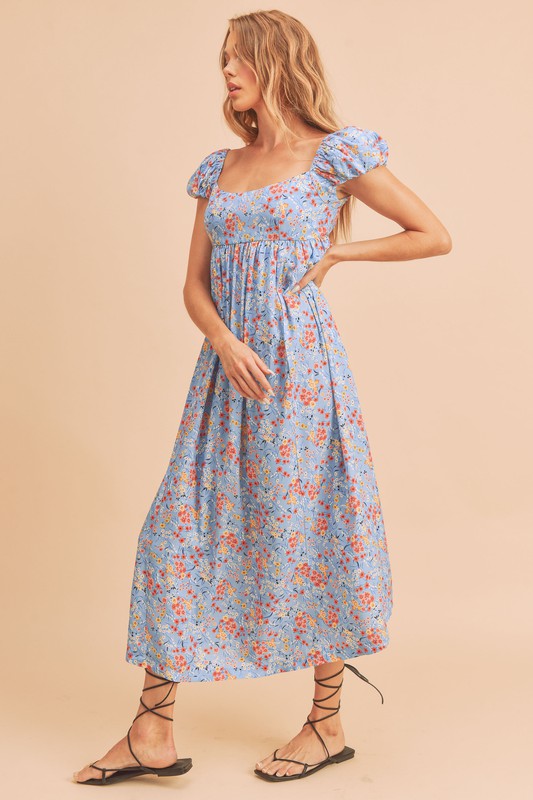 Square Neck Floral Babydoll Maxi Dress SKY L Babydoll Dresses