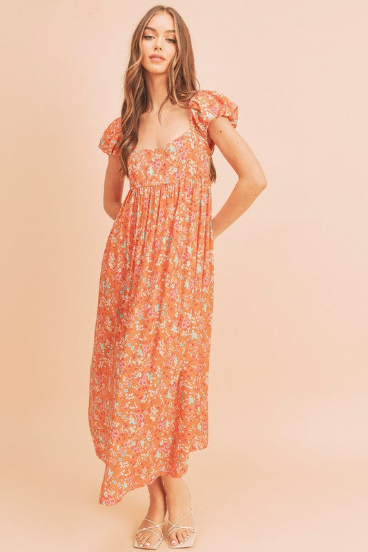 Square Neck Floral Babydoll Maxi Dress CORAL Babydoll Dresses