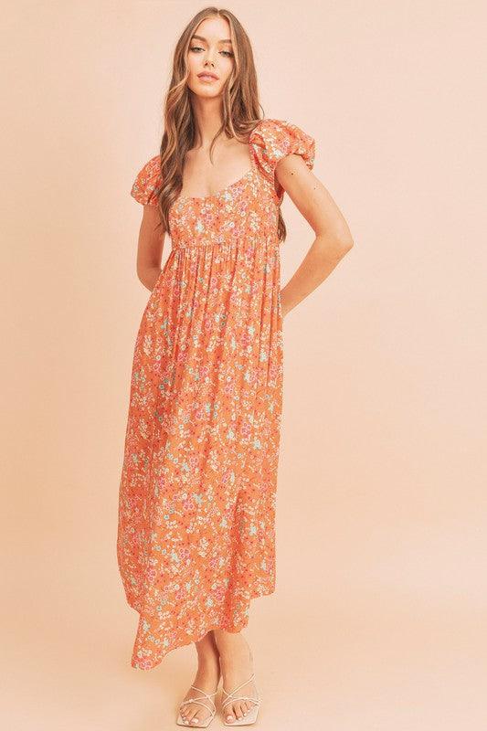 Square Neck Floral Babydoll Maxi Dress CORAL Babydoll Dresses