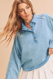 BLUE S Aemi + Co Half Snap Cropped Collared Sweatshirt | Sweatshirts Daverri Fashions