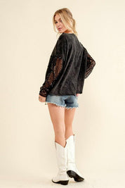 Star Printed Shoulder Sequin Sleeve Top Shirts & Tops