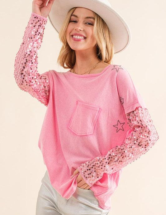 Star Printed Shoulder Sequin Sleeve Top Shirts & Tops